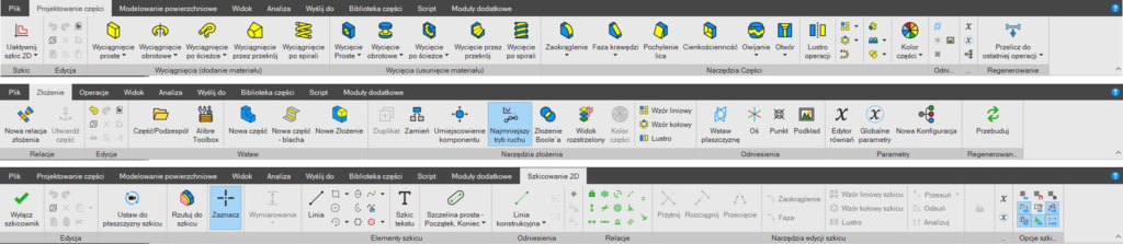 Wstążki narzędzi w różnych obszarach roboczych Alibre Design