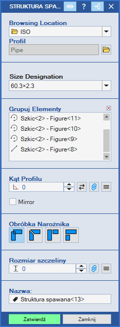 Panel Struktura spawana w Alibre Design v29.1 z wyborem profilu i obróbki narożnika