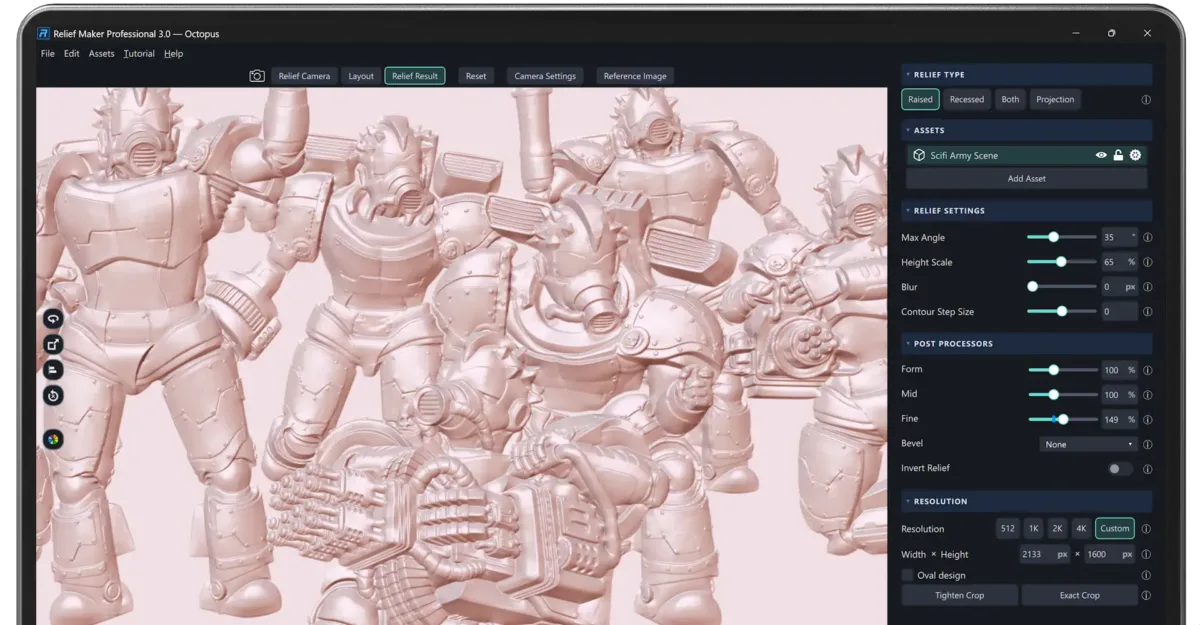 Interfejs Relief Maker 3.0 podczas tworzenia reliefu ze sceny zawierającej wiele modeli 3D
