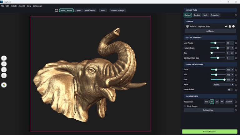 Relief Maker 3.0 - interfejs programu z reliefem slonia